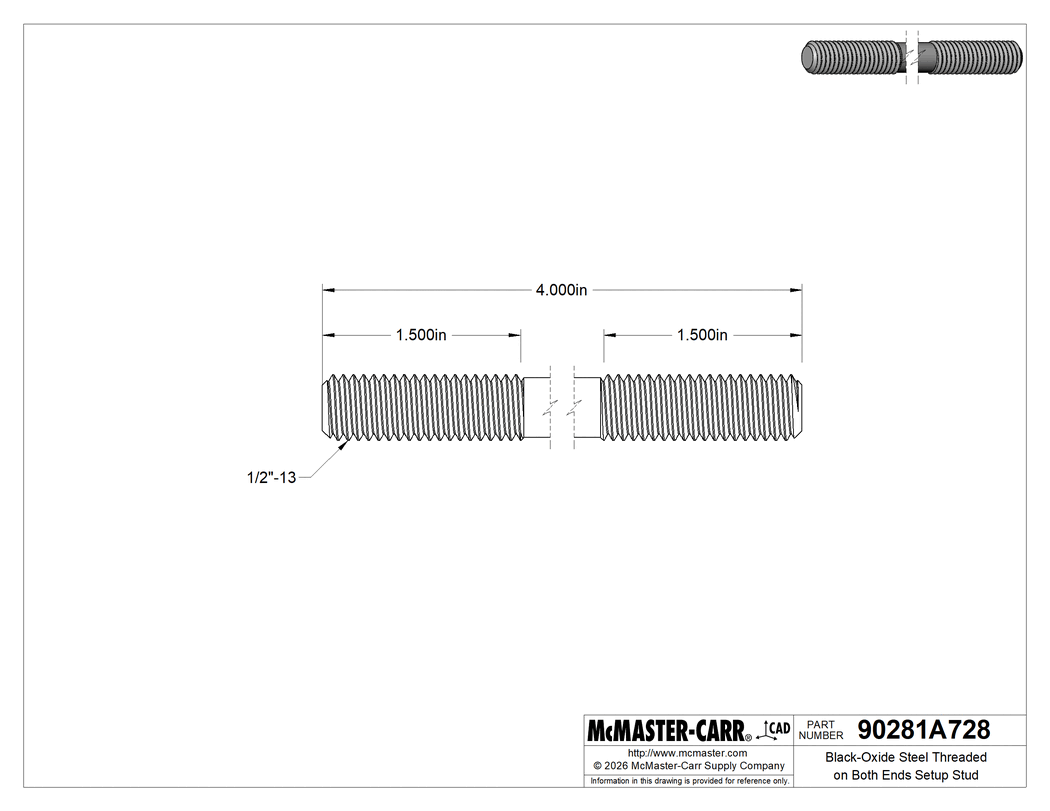 Technical Drawing of Black-Oxide Steel Threaded on Both Ends Setup Stud, 1/2"-13 Thread Size, 4" Long, 1-1/2" Thread Lengths.